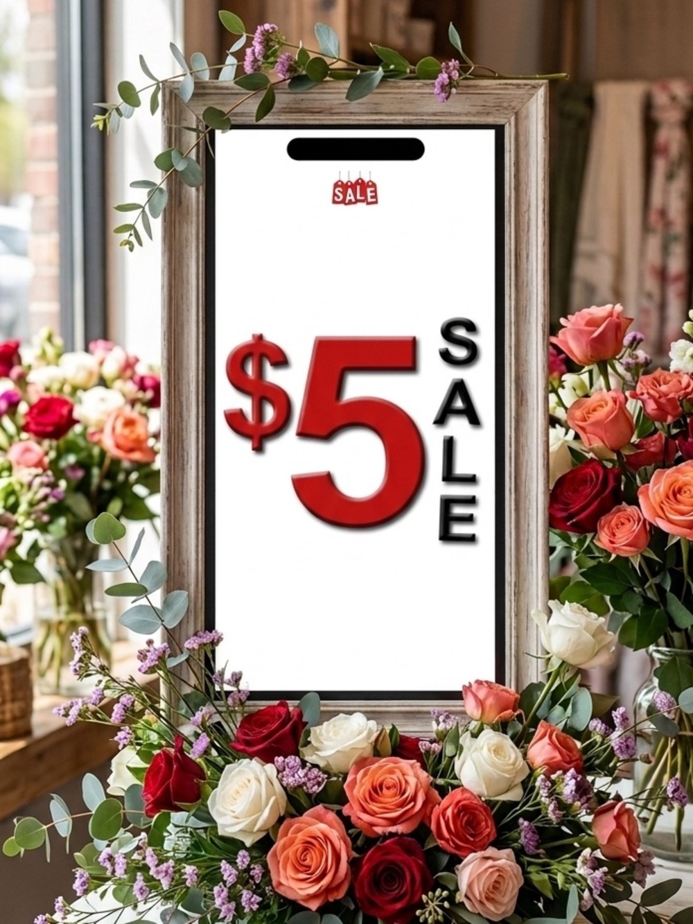 Rustic Wood Frame Sign with Floral Accent - Red & White Sale Design